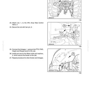 May include: A technical service manual page titled SECTION 90 - PLATFORM - CHAPTER 2, featuring three black and white line drawings with numbered callouts for tractor assembly steps, including fuel tank installation, rod attachment, and fender securing.