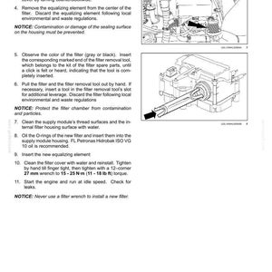 May include: Diagram illustrating engine maintenance steps, focusing on filter replacement. Instructions cover cleaning, oiling, and tightening procedures. Includes a wrench and filter illustrations. Text provides warnings and torque specifications.