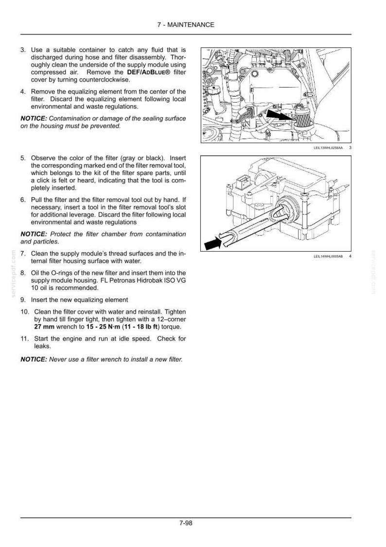May include: Diagram illustrating engine maintenance steps, focusing on filter replacement. Instructions cover cleaning, oiling, and tightening procedures. Includes a wrench and filter illustrations. Text provides warnings and torque specifications.