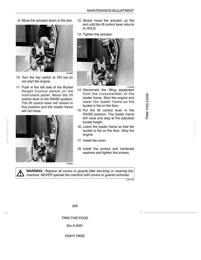 May include: Black and white technical diagram with instructions for machine maintenance. The diagram includes numbered steps, illustrations of mechanical parts, and a warning about replacing covers and guards.