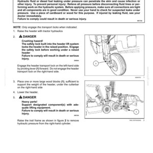May include: Technical diagram detailing the removal of a master cylinder in a hydraulic system. Includes safety warnings about fluid leaks and crushing hazards, alongside illustrations of machinery parts and procedures.