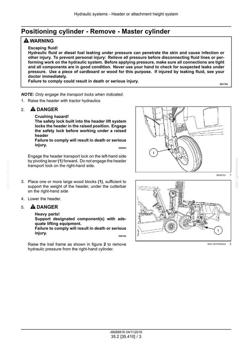 May include: Technical diagram detailing the removal of a master cylinder in a hydraulic system. Includes safety warnings about fluid leaks and crushing hazards, alongside illustrations of machinery parts and procedures.