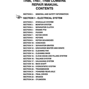 May include: A page from a repair manual for TR86, TR87, and TR88 combine harvesters. The manual's contents are listed, including sections on electrical systems, hydraulic systems, and engine components. The text is in black font on a white background.