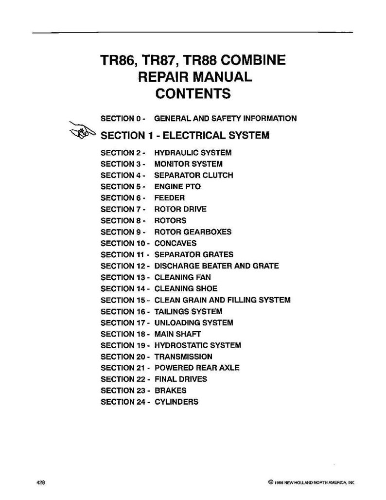 May include: A page from a repair manual for TR86, TR87, and TR88 combine harvesters. The manual's contents are listed, including sections on electrical systems, hydraulic systems, and engine components. The text is in black font on a white background.