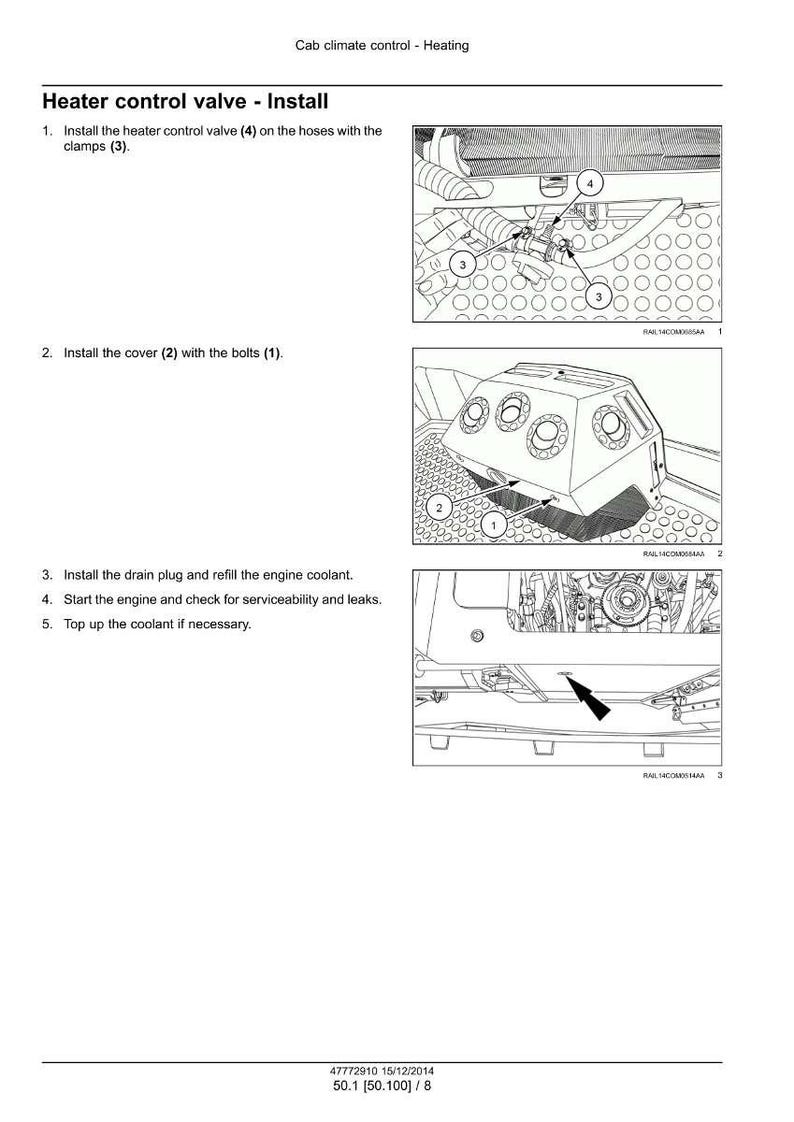 May include: Diagram illustrating the installation of a heater control valve. The image shows the valve, cover, bolts, and hoses with clamps. Instructions include installing the valve, cover, and drain plug, and checking for leaks.
