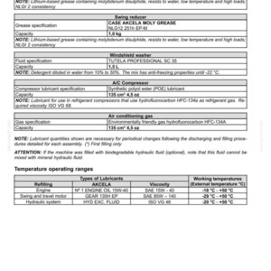 May include: Maintenance specifications chart with details for swing bearing, windshield washer, and air conditioning gas. Includes lubricant types, capacities, and working temperatures in Fahrenheit and Celsius.