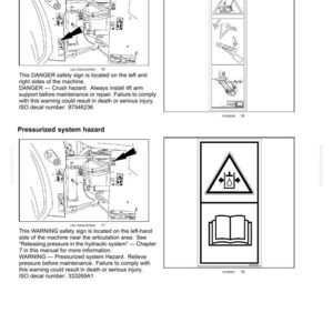 Peut inclure: Page d'un manuel avec des informations de s&eacute;curit&eacute;. Comprend des sch&eacute;mas et des avertissements concernant les risques d'&eacute;crasement et de syst&egrave;me sous pression. Le texte comprend les num&eacute;ros de d&eacute;calcomanie ISO et les instructions de maintenance et de r&eacute;paration.