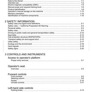 May include: A page from a manual titled "Contents" with a list of topics including "General Information", "Safety Information", and "Controls and Instruments". The text is black on a white background.