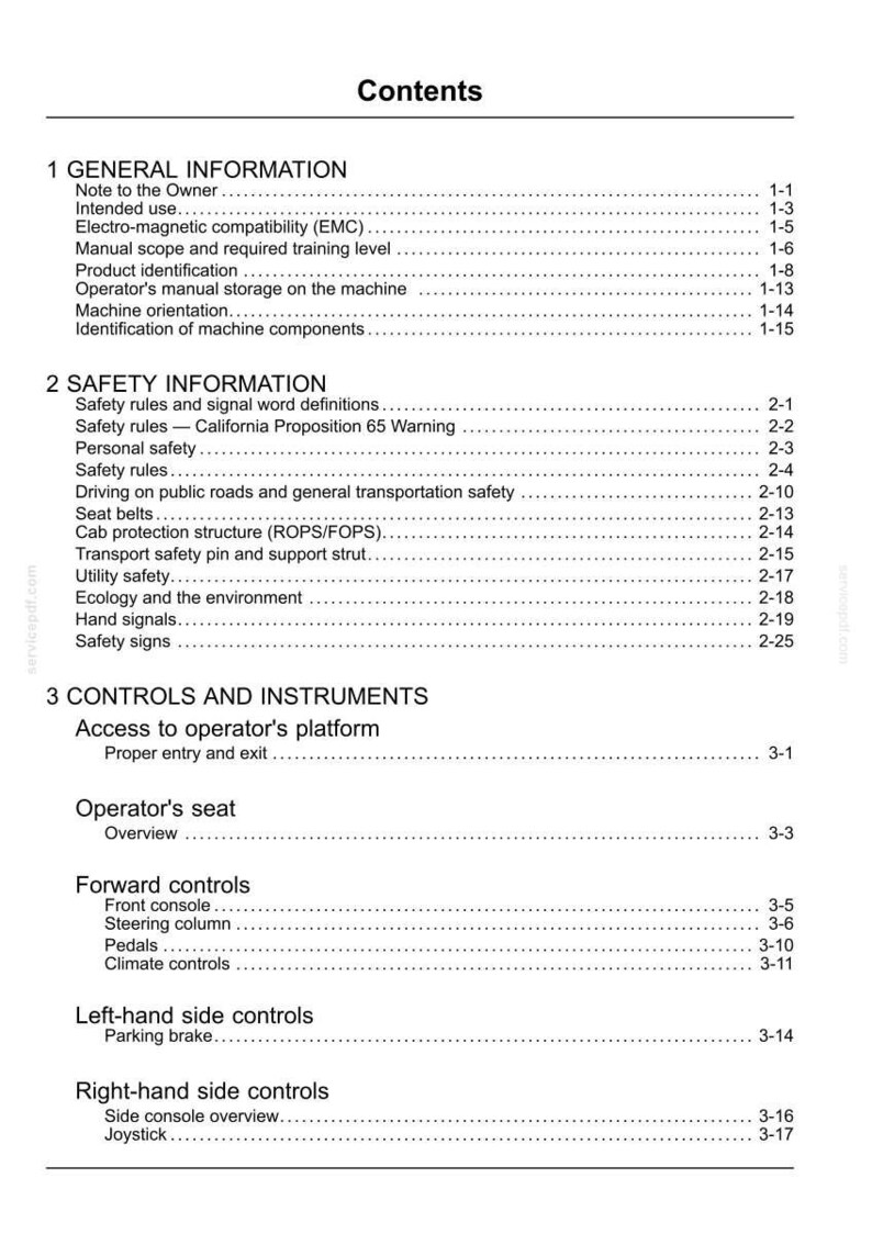 May include: A page from a manual titled "Contents" with a list of topics including "General Information", "Safety Information", and "Controls and Instruments". The text is black on a white background.