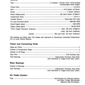 May include: A detailed technical diagram titled "DIESEL ENGINE" with specifications. Includes bore measurements of 4-5/8 inches (117.5mm) and stroke of 5 inches (127mm). Features information on cylinder, piston, bearings, and air intake systems.