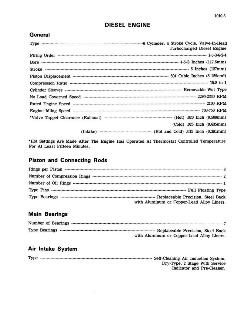 May include: A detailed technical diagram titled "DIESEL ENGINE" with specifications. Includes bore measurements of 4-5/8 inches (117.5mm) and stroke of 5 inches (127mm). Features information on cylinder, piston, bearings, and air intake systems.
