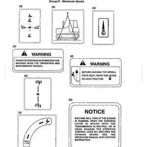 May include: A page from a manual with safety decals. The decals include diagrams and text warnings about machine operation, including instructions to read the manual and engage safety locks.