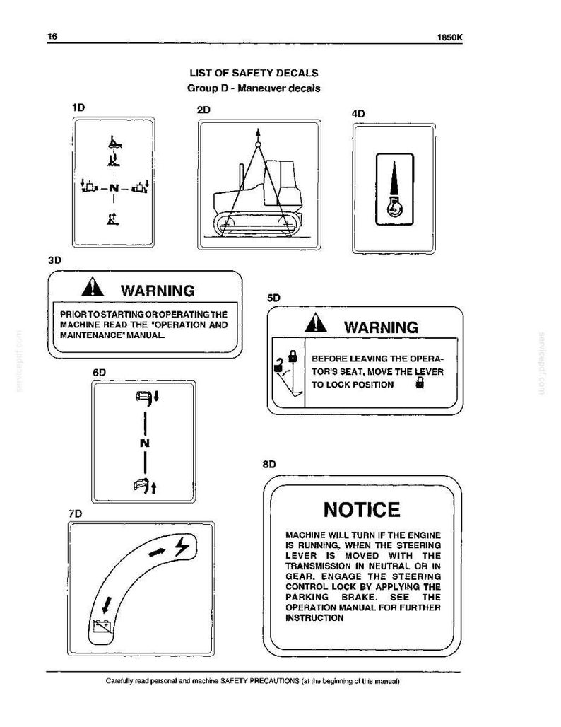 May include: A page from a manual with safety decals. The decals include diagrams and text warnings about machine operation, including instructions to read the manual and engage safety locks.