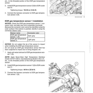 May include: Diagram of an engine cylinder head with instructions for installing EGR gas temperature sensors. Includes torque specifications in foot-pounds and a table detailing connector colors.