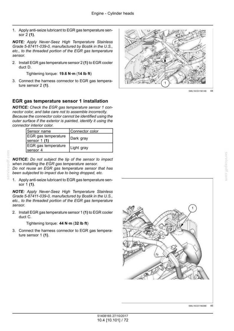May include: Diagram of an engine cylinder head with instructions for installing EGR gas temperature sensors. Includes torque specifications in foot-pounds and a table detailing connector colors.