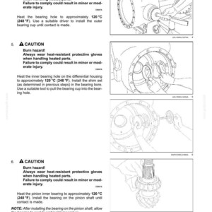 May include: Diagram of a front axle system with a front bevel gear set and differential. The image includes warnings about burn hazards and instructions for installing bearings, with measurements in Fahrenheit.