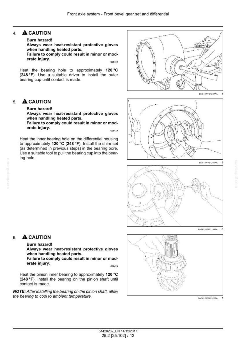 May include: Diagram of a front axle system with a front bevel gear set and differential. The image includes warnings about burn hazards and instructions for installing bearings, with measurements in Fahrenheit.