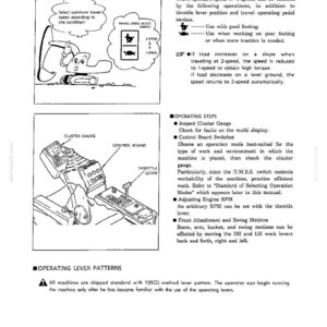 K&ouml;nnte beinhalten: Eine Seite aus einem technischen Handbuch mit schwarz-wei&szlig;en Strichzeichnungen von Baumaschinensteuerungen. Sie enth&auml;lt Diagramme zur Auswahl der Fahrgeschwindigkeit, eine Instrumentenanzeige, ein Bedienfeld und einen Gashebel.