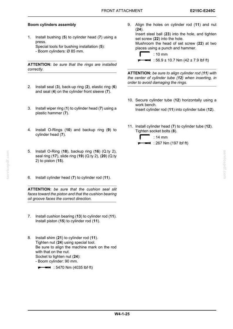 May include: Technical diagram detailing the assembly of boom cylinders, including installation steps for bushings, seals, and rings. Measurements are provided in inches and foot-pounds.