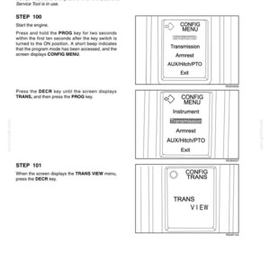 May include: A page from a front suspension manual with instructions and diagrams. The text includes steps for accessing and navigating menus, with options like 'CONFIG MENU' and 'TRANS VIEW'. The diagrams show screen displays.