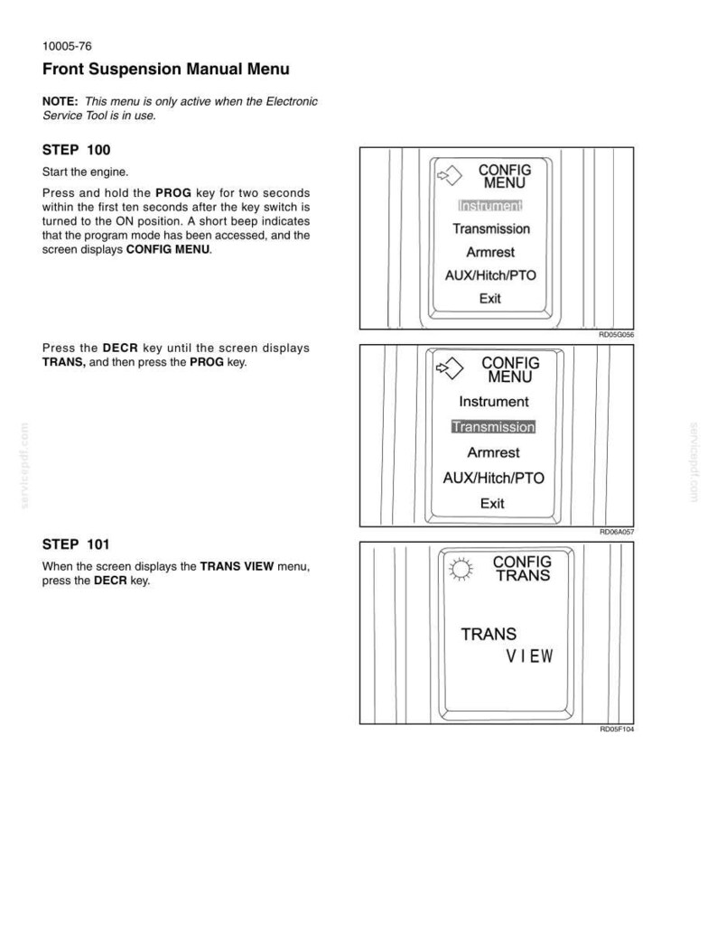 May include: A page from a front suspension manual with instructions and diagrams. The text includes steps for accessing and navigating menus, with options like 'CONFIG MENU' and 'TRANS VIEW'. The diagrams show screen displays.