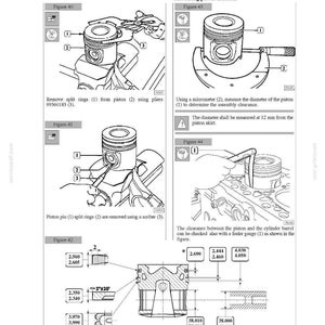 May include: Technical diagram of engine pistons, pins, and split rings. Includes figures illustrating piston disassembly and measurement with a micrometer. Measurements are in inches and millimeters. Text includes "MAIN DATA CONCERNING KS. PISTON, PINS AND SPLIT RINGS."
