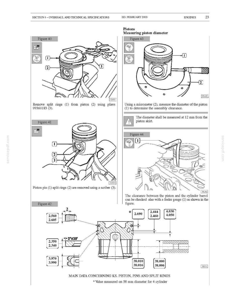 May include: Technical diagram of engine pistons, pins, and split rings. Includes figures illustrating piston disassembly and measurement with a micrometer. Measurements are in inches and millimeters. Text includes "MAIN DATA CONCERNING KS. PISTON, PINS AND SPLIT RINGS."