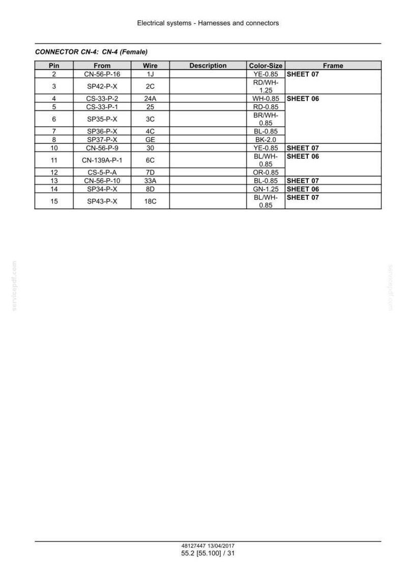 May include: A detailed table of electrical connector specifications, including pin numbers, wire types, and color-size details. The document is titled "CONNECTOR CN-4: CN-4 (Female)" and is for electrical systems and harnesses.