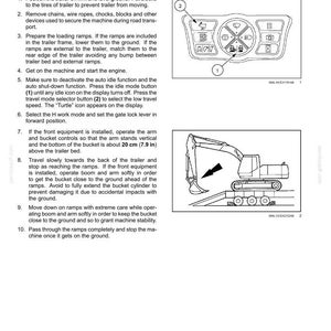 May include: Diagram of a transport trailer unloading procedure. Includes illustrations of a control panel with buttons and a construction vehicle with a bucket. Text explains the steps for safe unloading.