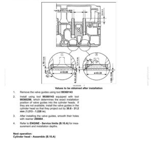 May include: Diagram of a cylinder head valve guide replacement procedure. The image includes detailed cross-sectional views with measurements in inches and millimeters, along with numbered steps for disassembly and assembly.