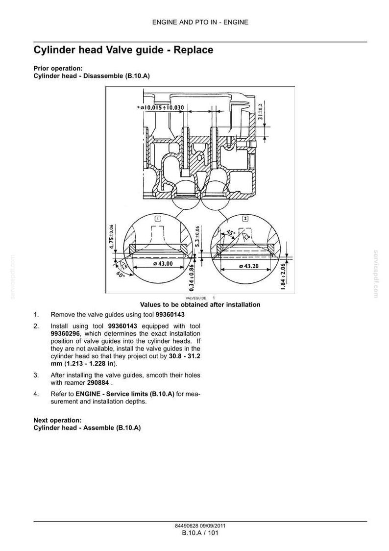May include: Diagram of a cylinder head valve guide replacement procedure. The image includes detailed cross-sectional views with measurements in inches and millimeters, along with numbered steps for disassembly and assembly.