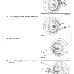 May include: Technical diagram illustrating front axle brake assembly. The image shows detailed steps for installing circlips, the outer brake disc, rear sun gear, and sun gear. Includes text instructions and diagrams for each step.