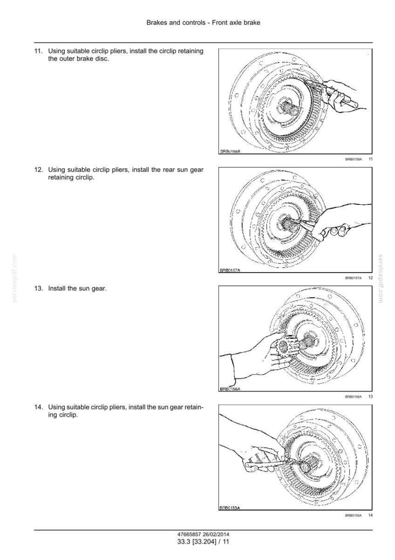 May include: Technical diagram illustrating front axle brake assembly. The image shows detailed steps for installing circlips, the outer brake disc, rear sun gear, and sun gear. Includes text instructions and diagrams for each step.