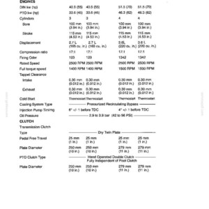 May include: A technical specification document for tractor models 3830 2WD, 3830 FWD, 4330V 2WD, and 4330V FWD. The table lists engine details including bore, stroke, displacement, compression ratio, firing order, speeds, and clutch plate diameters in millimetres.