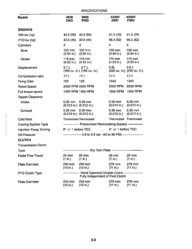 May include: A technical specification document for tractor models 3830 2WD, 3830 FWD, 4330V 2WD, and 4330V FWD. The table lists engine details including bore, stroke, displacement, compression ratio, firing order, speeds, and clutch plate diameters in millimetres.