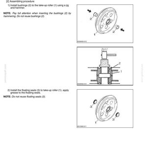 May include: Diagram of mechanical assembly instructions with numbered parts and text. Includes illustrations of bushings, take-up rollers, and floating seals. Text includes instructions for assembly and notes on part reuse.