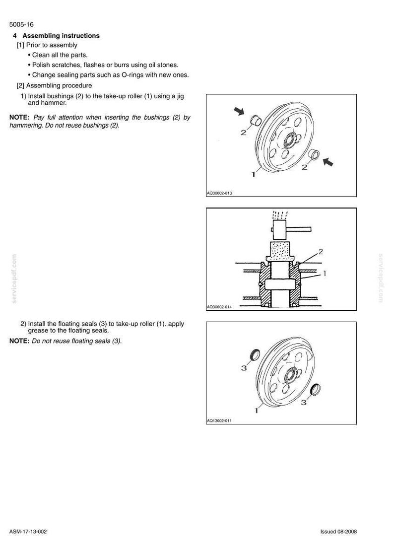 May include: Diagram of mechanical assembly instructions with numbered parts and text. Includes illustrations of bushings, take-up rollers, and floating seals. Text includes instructions for assembly and notes on part reuse.