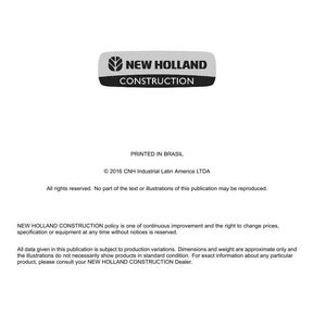 May include: A white document with the "NEW HOLLAND CONSTRUCTION" logo in a gray and black rectangle. The document includes text about technical publications and tools, copyright information, and a disclaimer.