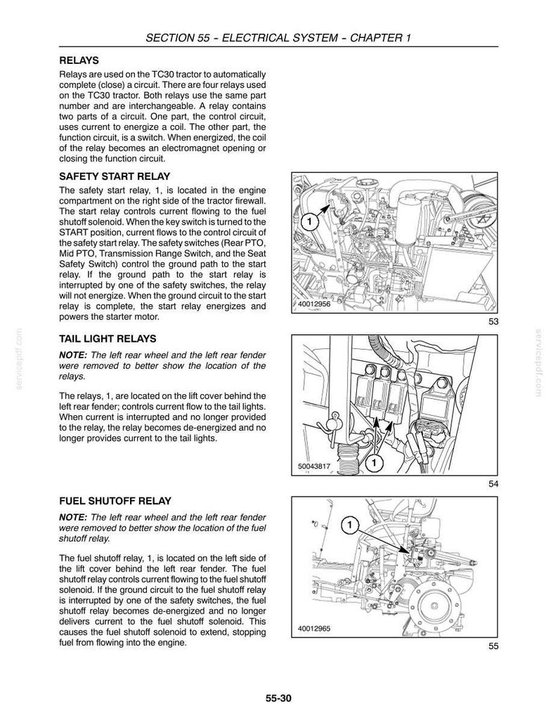 May include: A technical manual page titled SECTION 55 - ELECTRICAL SYSTEM - CHAPTER 1, featuring text and three black-and-white line drawings labeled 53, 54, and 55. The content details relay functions, safety start relays, tail light relays, and fuel shutoff relays.