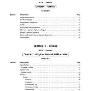 May include: A manual's contents page, detailing sections on general information and engine components. The text is black on white, with headings such as "General Instructions" and "Tightening Torques". Page numbers are listed on the right-hand side.