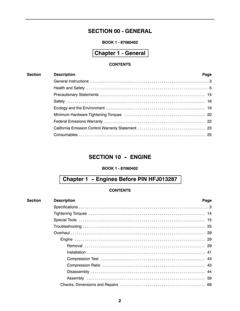 May include: A manual's contents page, detailing sections on general information and engine components. The text is black on white, with headings such as "General Instructions" and "Tightening Torques". Page numbers are listed on the right-hand side.