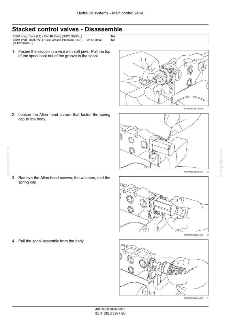 May include: Diagram illustrating the disassembly of stacked control valves. The image shows step-by-step instructions, including loosening screws and removing parts. Text includes "Stacked control valves - Disassemble".