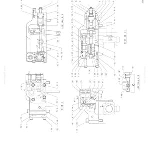 K&ouml;nnte beinhalten: Detaillierte technische Diagramme von mechanischen Komponenten mit mehreren Ansichten und beschrifteten Teilen. Die Diagramme sind in Schwarzwei&szlig; gehalten, wobei verschiedene Abschnitte zur Verdeutlichung hervorgehoben sind. Das Bild enth&auml;lt Text und Zahlen.