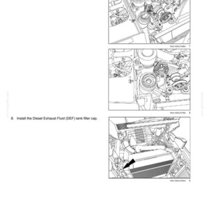 K&ouml;nnte beinhalten: Eine Seite aus einem technischen Handbuch mit der &Uuml;berschrift 7 - MAINTENANCE, die drei schwarz-wei&szlig;e Strichzeichnungen zeigt. Die Diagramme veranschaulichen die Schritte 7 und 8 der Motorwartung, insbesondere das Drehen eines Filters und das Anbringen des DEF-Tankdeckels.