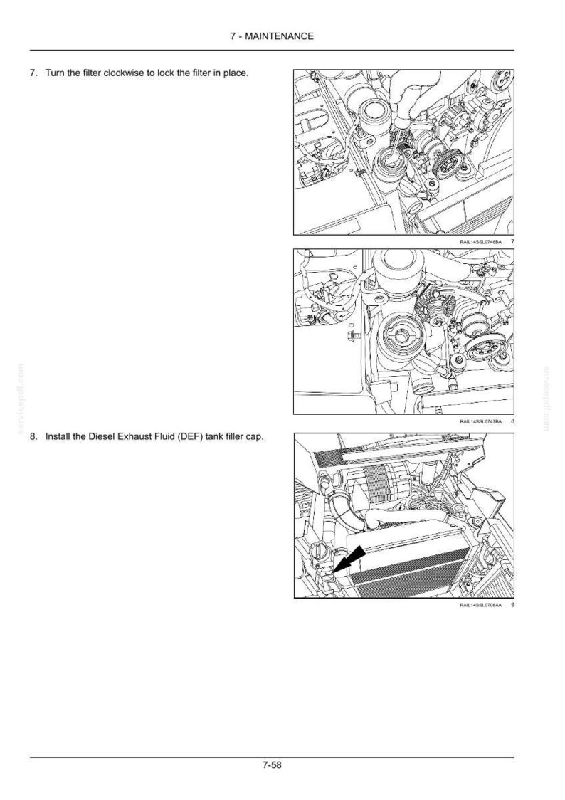 K&ouml;nnte beinhalten: Eine Seite aus einem technischen Handbuch mit der &Uuml;berschrift 7 - MAINTENANCE, die drei schwarz-wei&szlig;e Strichzeichnungen zeigt. Die Diagramme veranschaulichen die Schritte 7 und 8 der Motorwartung, insbesondere das Drehen eines Filters und das Anbringen des DEF-Tankdeckels.