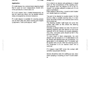 May include: A page from a manual detailing P3 Cold Cleaner. The text describes the product's application, dilution instructions with petroleum or diesel, and cleaning procedures for machine components. Includes flash point information.