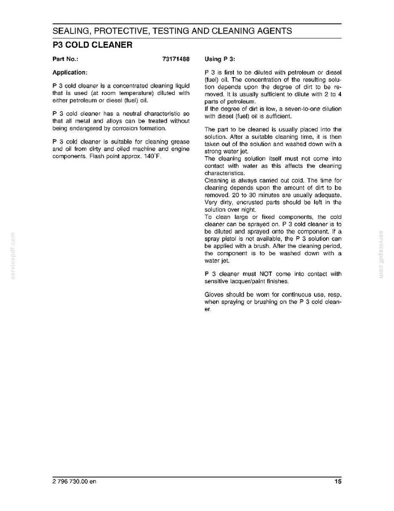 May include: A page from a manual detailing P3 Cold Cleaner. The text describes the product's application, dilution instructions with petroleum or diesel, and cleaning procedures for machine components. Includes flash point information.