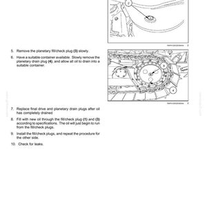 May include: A technical maintenance manual page titled 7-MAINTENANCE containing instructions for draining and filling oil. It features two black and white line drawings showing a final drive drain plug labelled 2 and a planetary fill/check plug labelled 3 and 4.