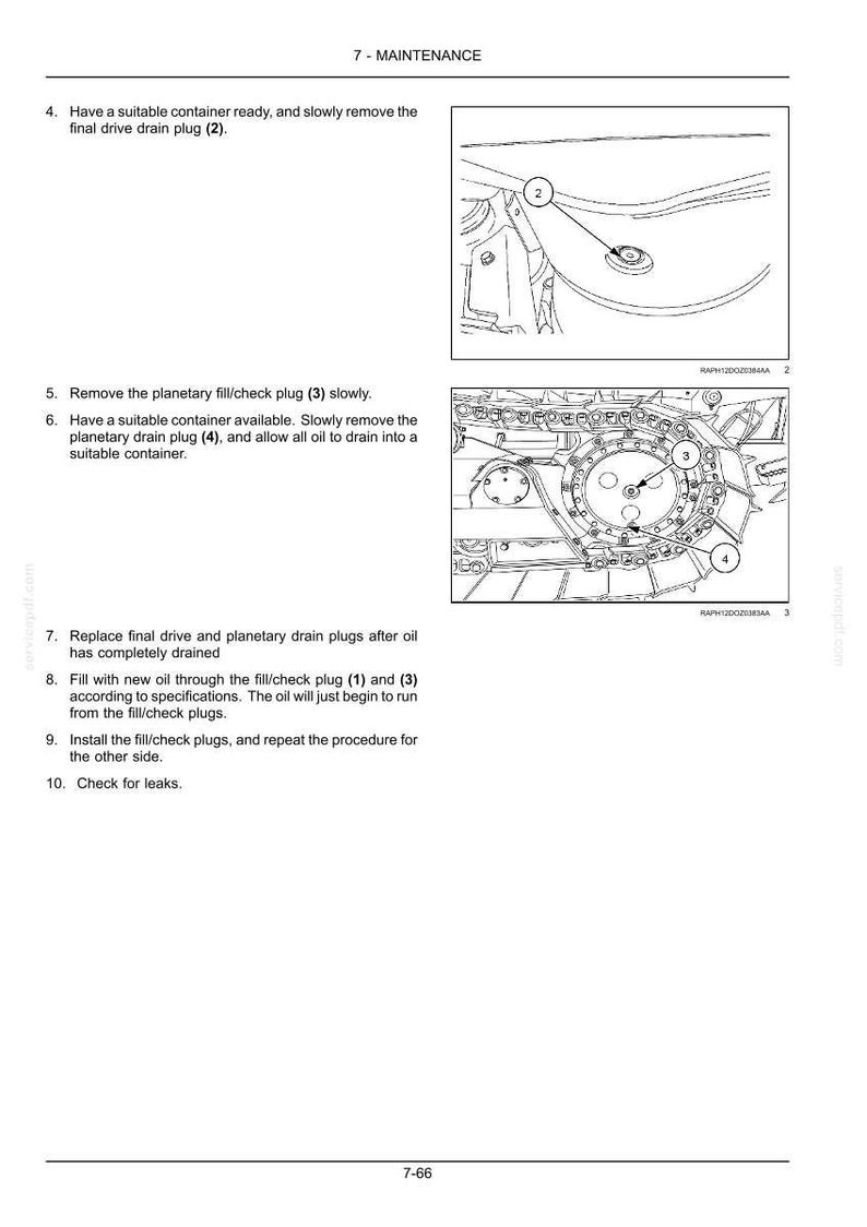 May include: A technical maintenance manual page titled 7-MAINTENANCE containing instructions for draining and filling oil. It features two black and white line drawings showing a final drive drain plug labelled 2 and a planetary fill/check plug labelled 3 and 4.
