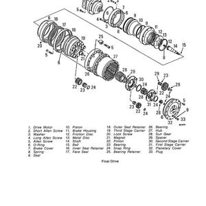 May include: An exploded diagram of a final drive assembly, showcasing various mechanical components. The image includes a drive motor, gears, bearings, and seals, with labels identifying each part. The diagram is in black and white.